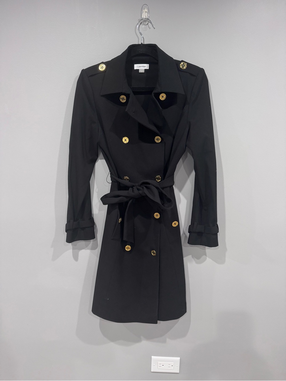 Calvin Klein lightweight black trench coat with gold buttons